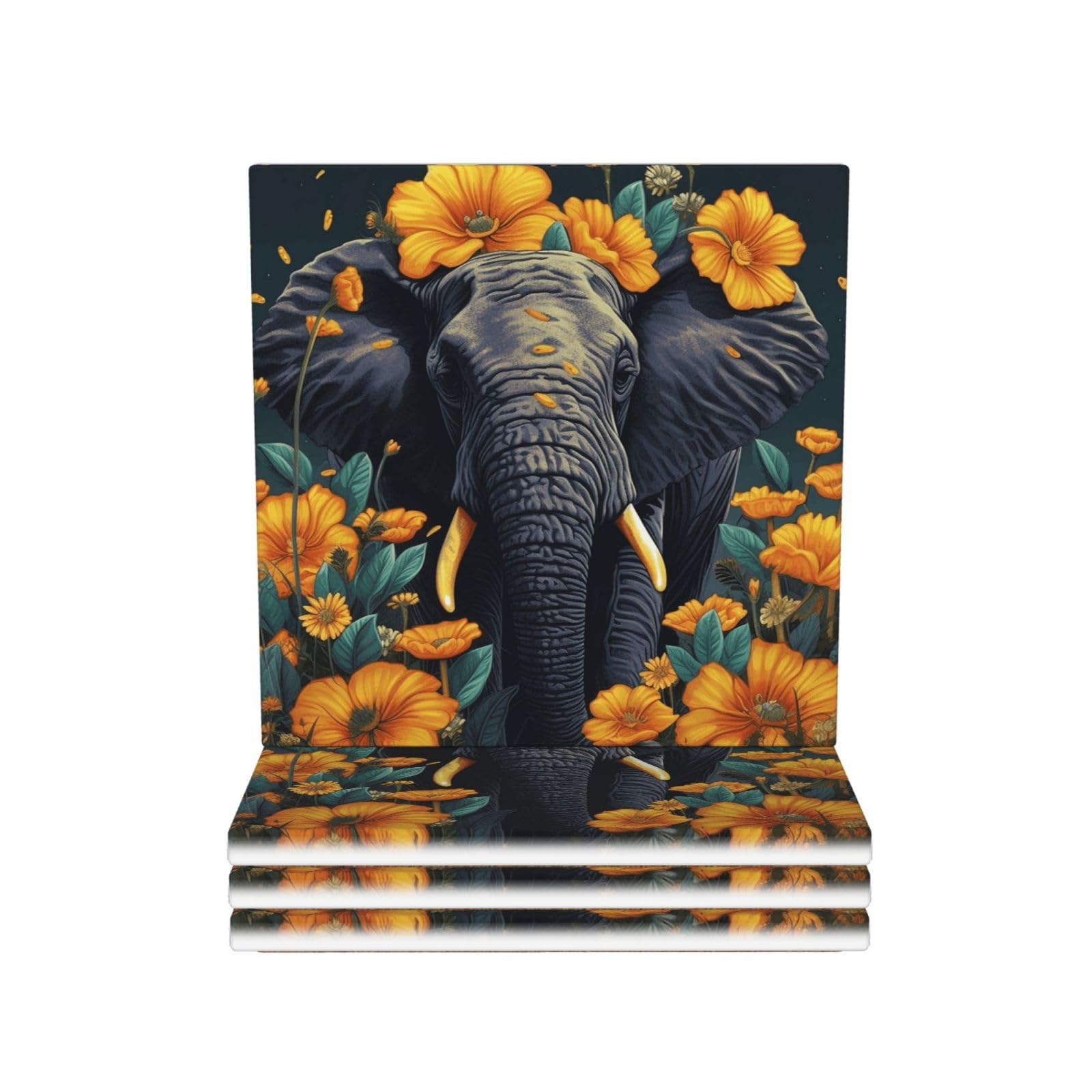 Drink Coasters Set of 4 Coffee Ceramic Coaster Elephant and Sunflower Coasters for Drinks Coffee Cup Mat Heat Resistant Tabletop Protection Coaster Desk Accessorie Home Decorative