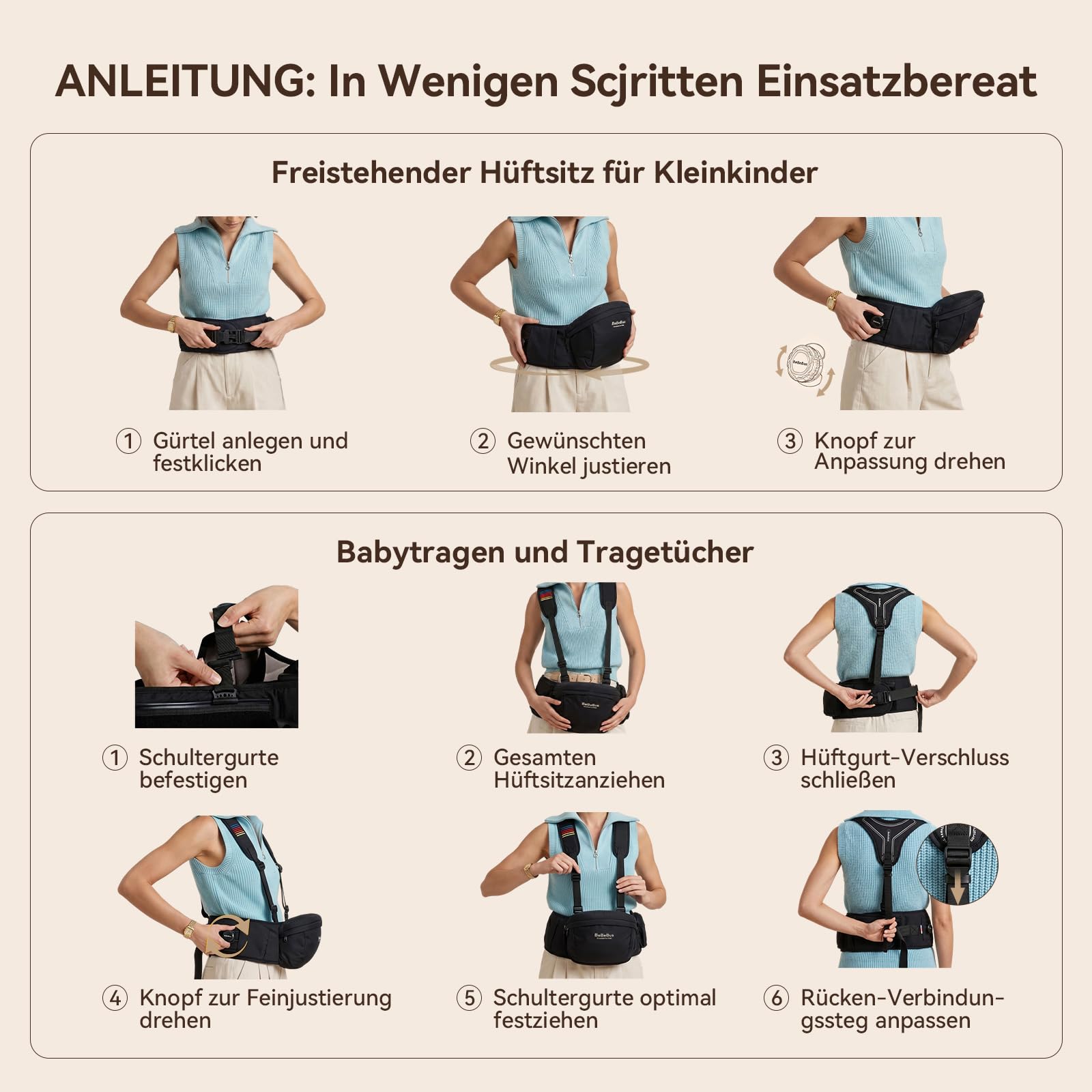 Portabebé Ergonómico con Asiento de Cadera, Mecanismo Rotativo de Bloqueo, Diseño en Y para Aliviar la Espalda, Gran Espacio de Almacenamiento, Taburete de Cintura 0-36 Meses, hasta 20 kg