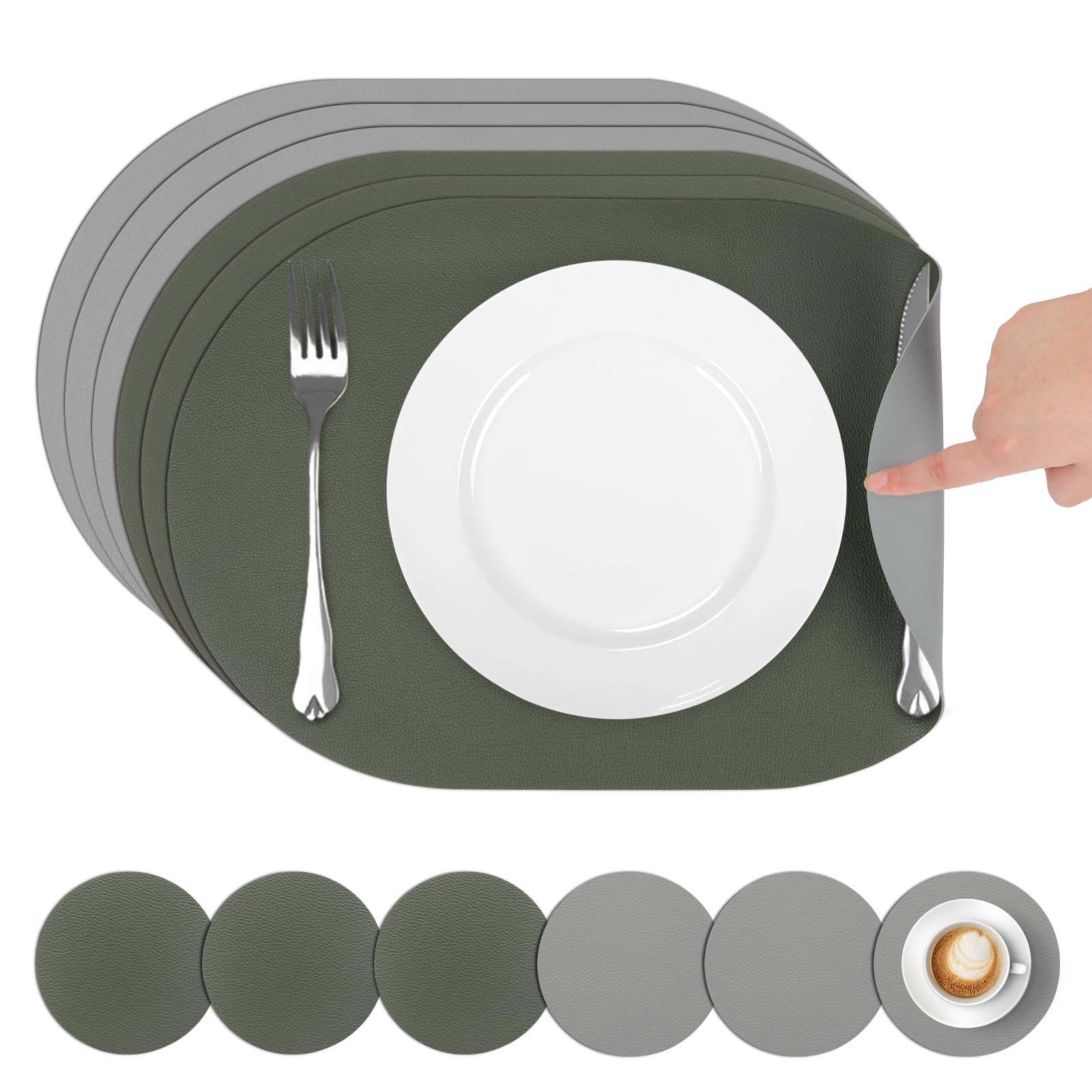 Set de table et dessous de verre ovale en cuir vert gris comfoyar lavable de 30x45cm lot de 6
