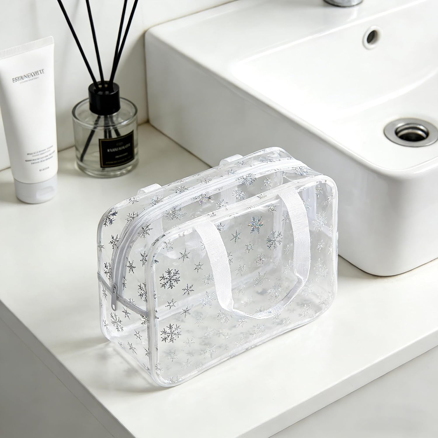 ONEART Travel Clear TPU Bag, Toiletry Carry Pouch Makeup Artist Bag, Waterproof Makeup Bags with Zipper Handle Straps (Snowflake) image 5