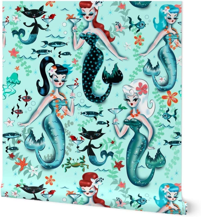Removable Wallpaper 9ft x 2ft - Midcentury Mod, Mermaids, Martini, Retro, Cocktail, Aqua, Cat, Starfish, Vintage, Kistch, Mod Custom Pre-Pasted Wallpaper by Spoonflower