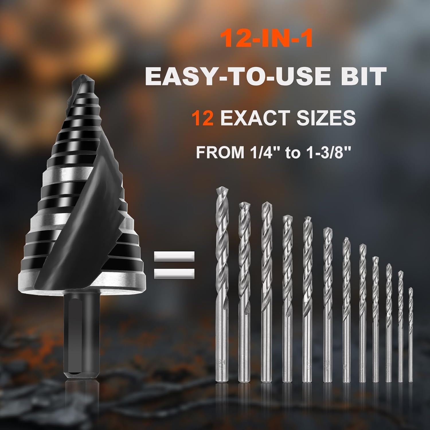 COMOWARE Step Drill Bit, 12 Sizes from 1/4" to 1-3/8", High Speed Steel Step Bit with 2 Spiral Flutes, 3-Flat Shank, Steps Bits for Metal, Aluminum/Wood/Plastic/Iron, Unibit for Electricians & DIY