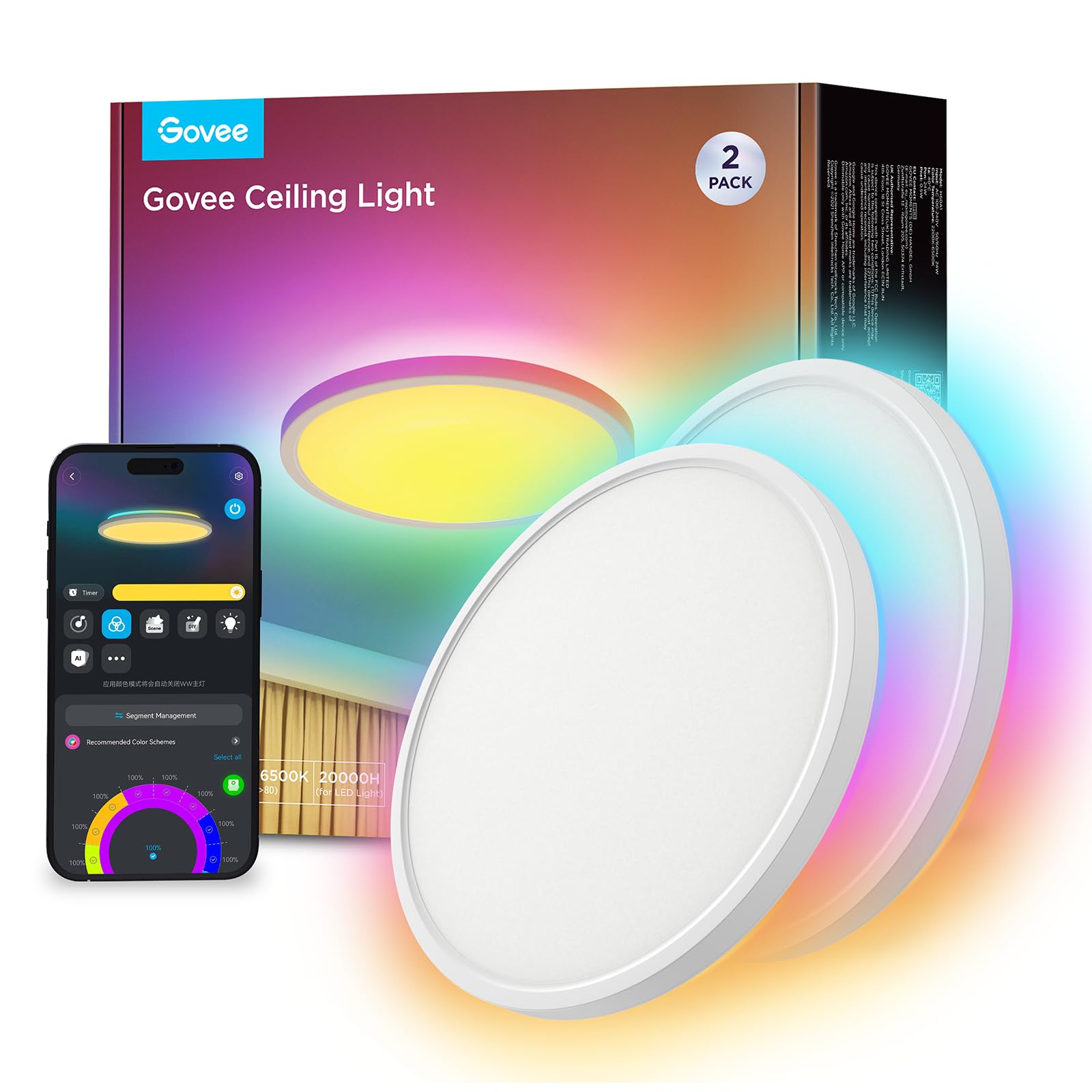 Govee RGBIC Smart - Set di 2 plafoniere LED intelligenti dimmerabili 24 W Ø 30 cm con 16 milioni di colori fai da te, compatibile con Alexa e Google Assistant per camera da letto