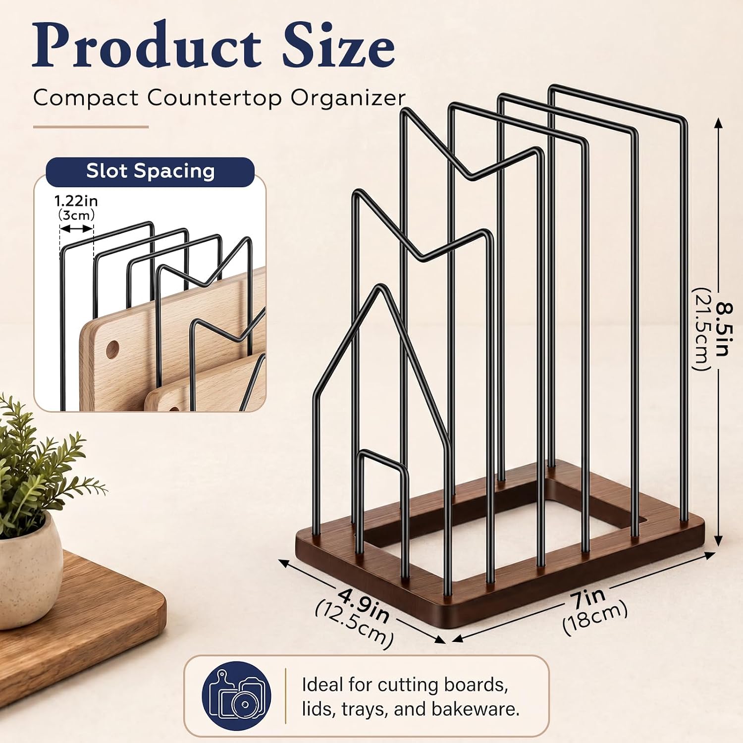 5 Slot Cutting Board Holder for Counter, Metal Pan Lid Organizer image 3