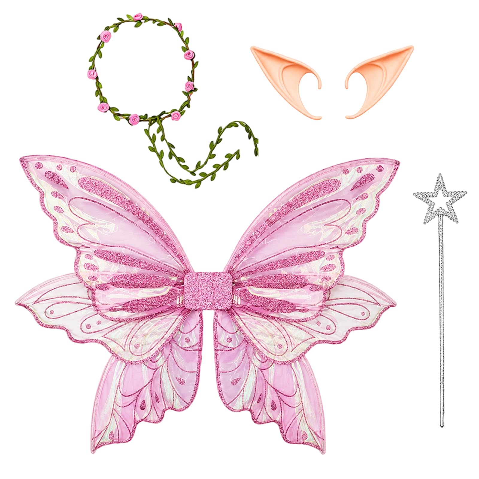 Fairy Wings, Halloween Costumes, Strapless Fairy Wings for Cosplay Events and Costume Parties, Large Brown Wings with Elf Ears and Fairy Wand, Halloween Costume Accessories (Pink)