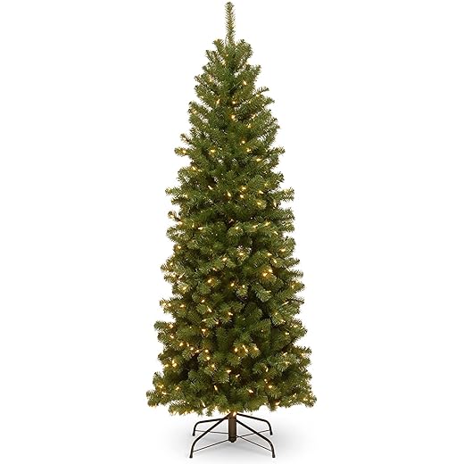 National Tree Company Pre-Lit Artificial Slim Christmas Tree, Green, North Valley Spruce, White Lights, Includes Stand, 6 Feet