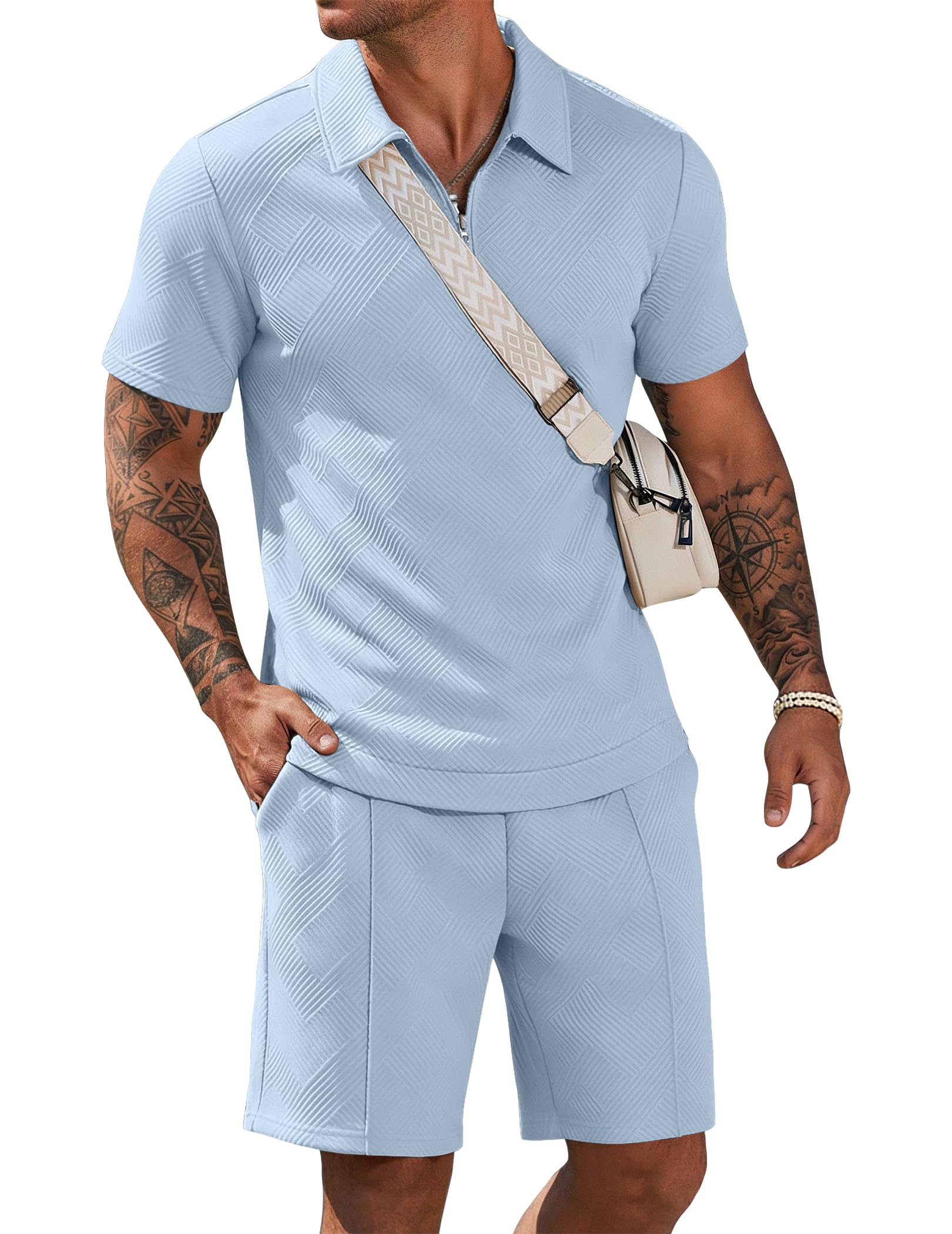 Men Short Sets 2 Piece Outfits Casual Quarter Zip Polo Shorts Sets Textured Summer Outfits Fashion Tracksuit Golf-image-36