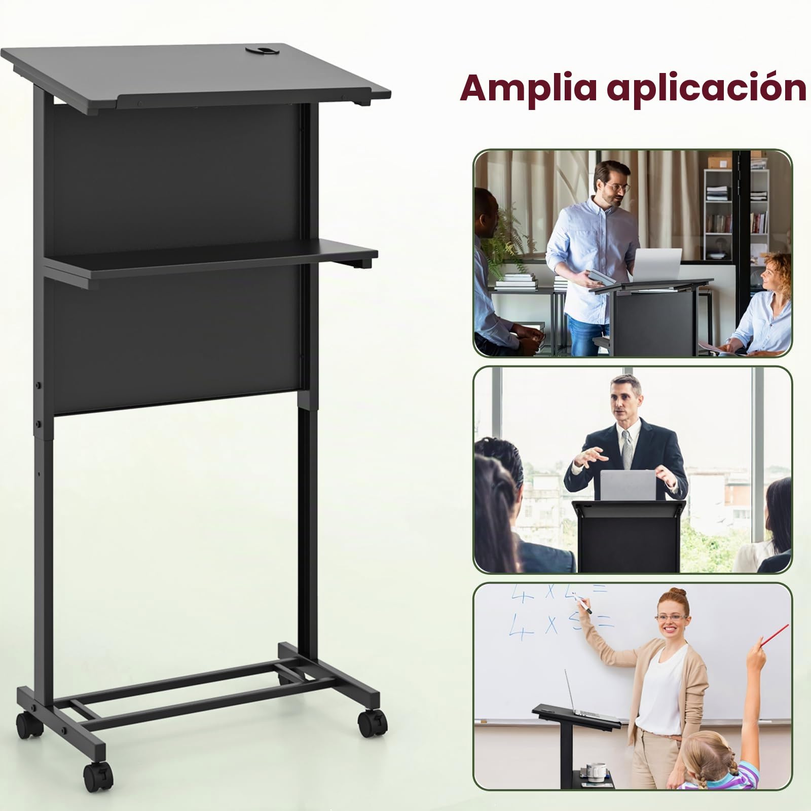 LIFEZEAL Atril, Podio de Conferencia, con 2 Estantes, 4 Ruedas, Altura Ajustable, Mesa de Presentación, para Discursos Públicos, Iglesia, Aula, 60x40x108,5-122,5cm