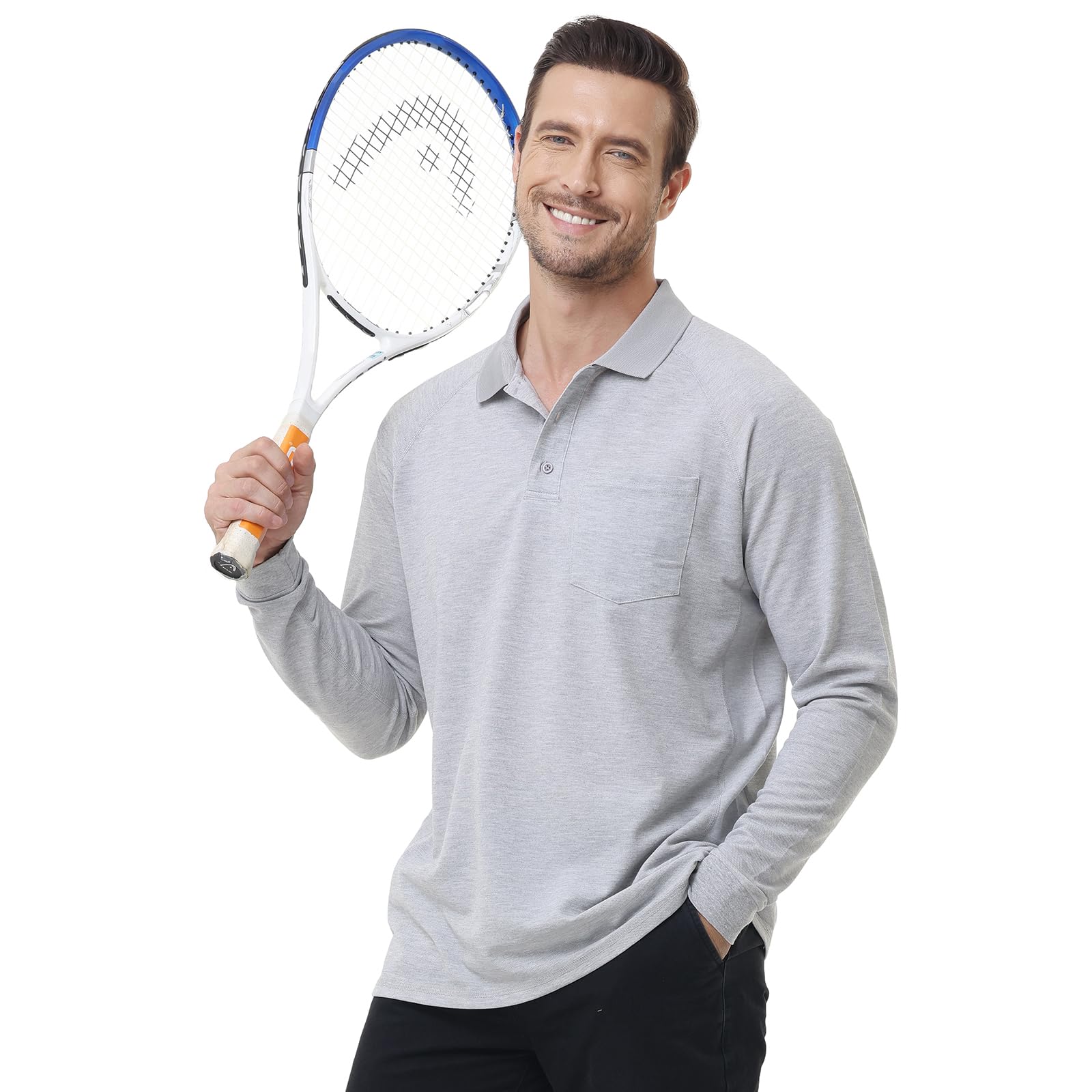 TIHEEN Men's Big & Tall Long Sleeve Moisture Wicking Performance Golf Polo Shirt with Pocket(4XL,Grey)