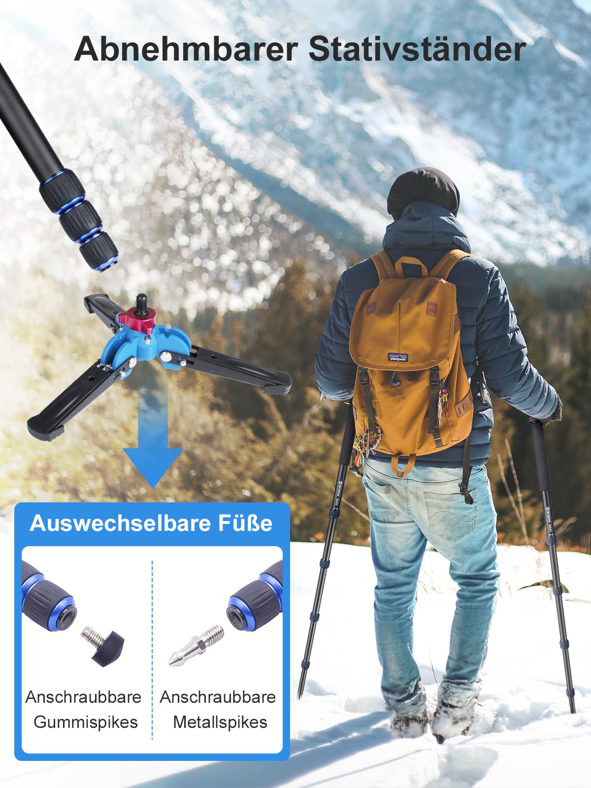 Moman Einbeinstativ Kamera Stativ Einbein Reisestativ mit Standspinne, DSLR Monopod Wanderstock, 0,64kg mit Stativfuß, Leicht Tragbar Aluminium Bergstock, max. 165cm, 360 Grad drehbar 5-10kg Nutzlast