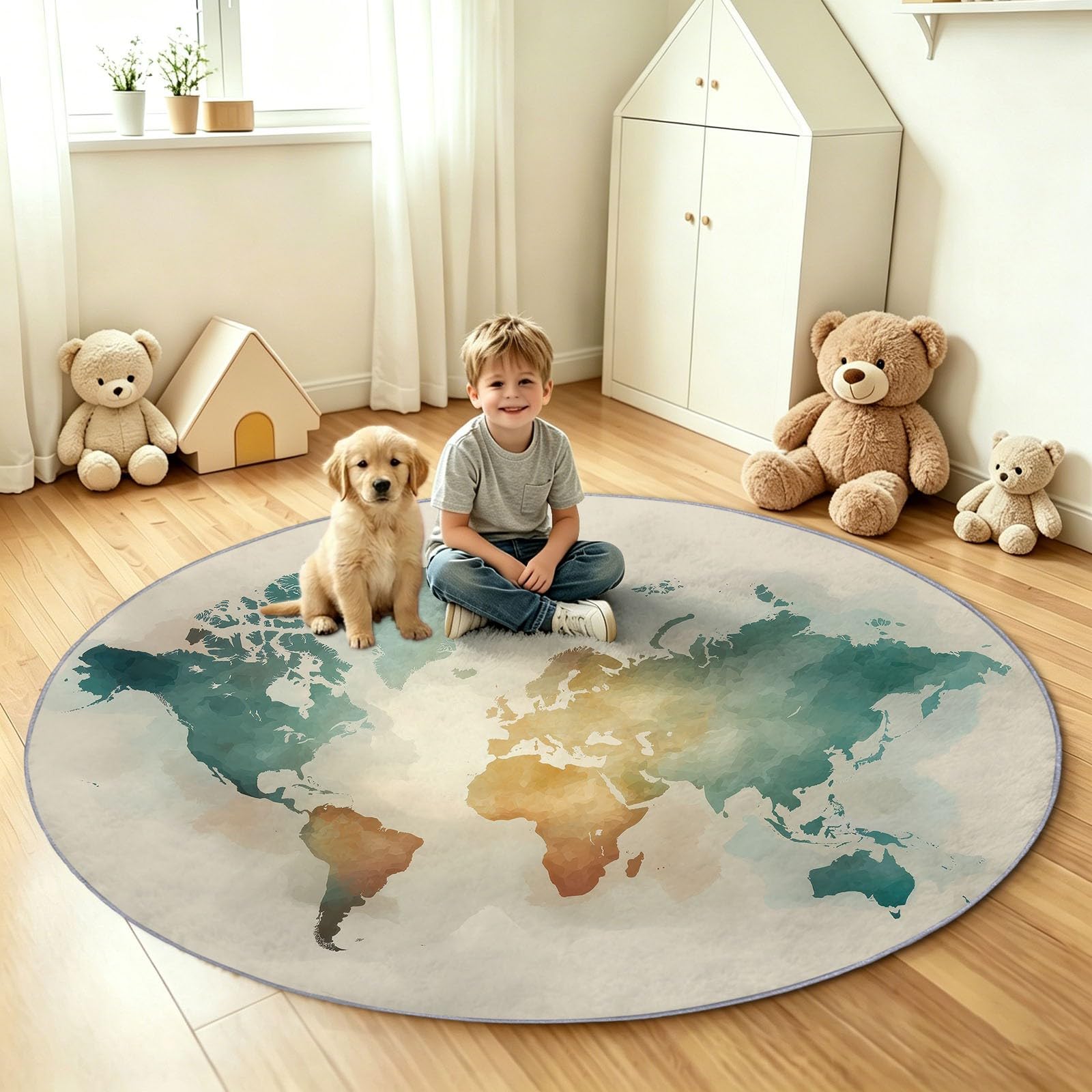 Tappeto rotondo vintage nautico, 60 cm, lavabile, antiscivolo, morbido, per camera da letto, letto, mappa del mondo, continente, per ingresso, cucina, lavanderia, bagno, beige