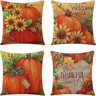 Fall Throw Pillow Covers 18x18 Inch Set of 4 Autumn Thanksgiving Pumpkin Sunflower Decorative Farmhouse Pillow Cases Square Linen Couch Cushion Cover for Living Room Bed Sofa Bench Patio Outdoor