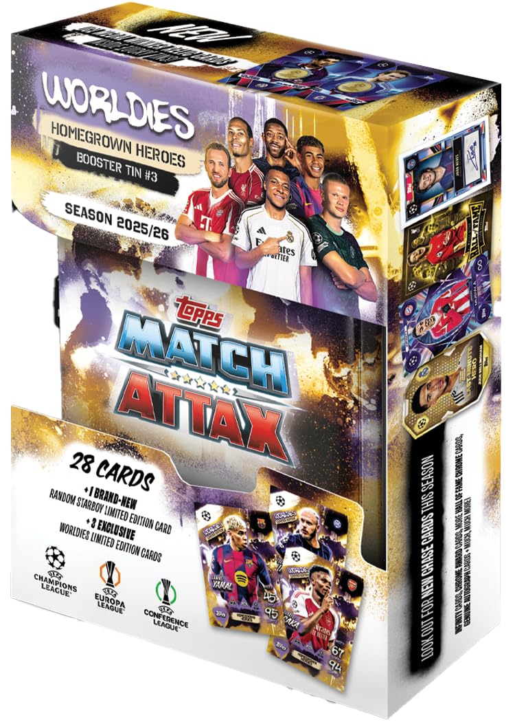 Topps UCC Match Attax 2025/26 Mini Tin Homegrown Heroes 28 carte Match Attax Plus Star Boy LE 3 esclusive LE Worldies
