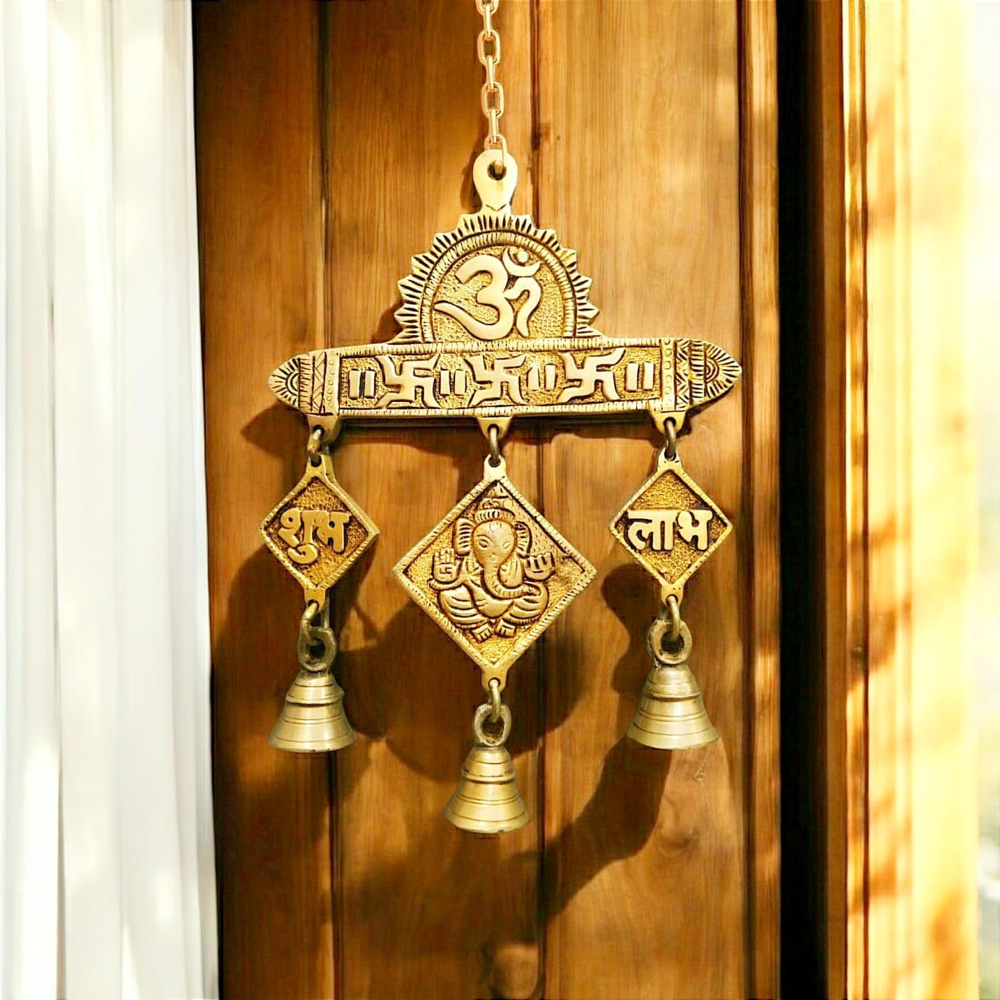 Generic Brass Hanging Bells, Traditional Hindu Design, White, Large, Decorative, Religious Theme, Chain Mount Wall Decor, 12 x 6 x 2 Inches