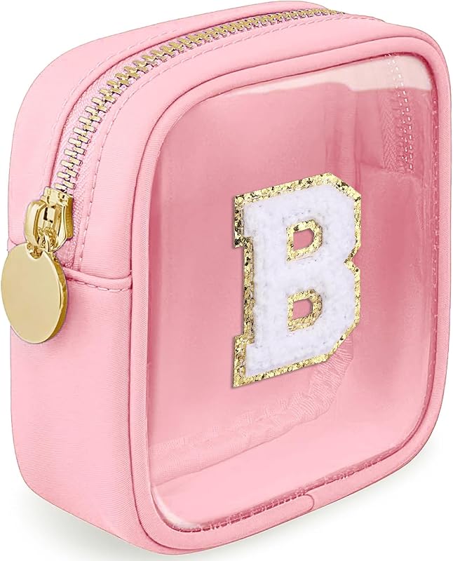 Necessaire transparente LOFOWN com zíper, letra B, cor Pink, 20,07 x 12,07 x 5,08 cm