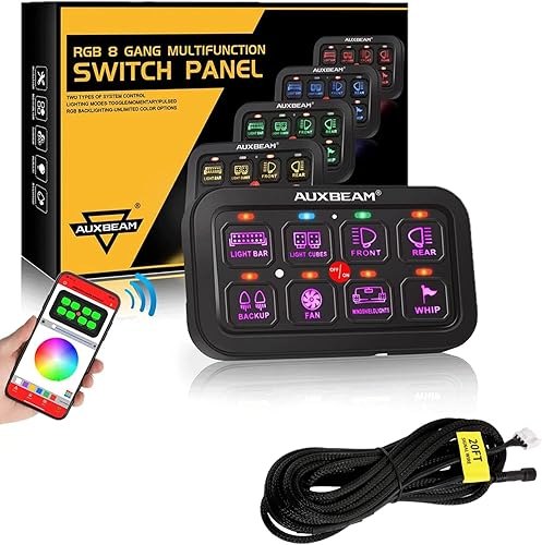 Auxbeam Panel de interruptor de 8 cuadrillas RGB AR-800 Panel de interruptor Bluetooth+20.3 ft/20FT arnés de cableado de extensión