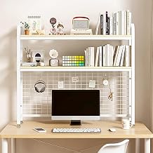 3 Tier Desk Shelf, 95cm Wide Desk Shelves Adjustable Height, Metal Frame & MDF Board Desks Hutch, Multipurpose Desktop Display Stand for Office Storage Organizer