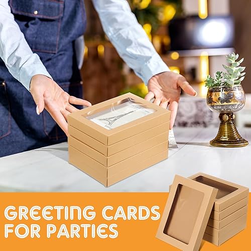 Miniatura 4 de Chivertion Caja de almacenamiento de tarjetas de felicitación, caja de papel kraft con ventana transparente de PVC, sobre para tarjetas de