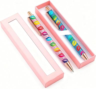 2 Pcs Retractable Ballpoint Pens, Black Ink Journaling Pens, 1.0 mm Click Medium Point Gift Pens Set with Gift Box for Women Girls Teacher Student Colleagues Gifts Lips blue+Lips pink