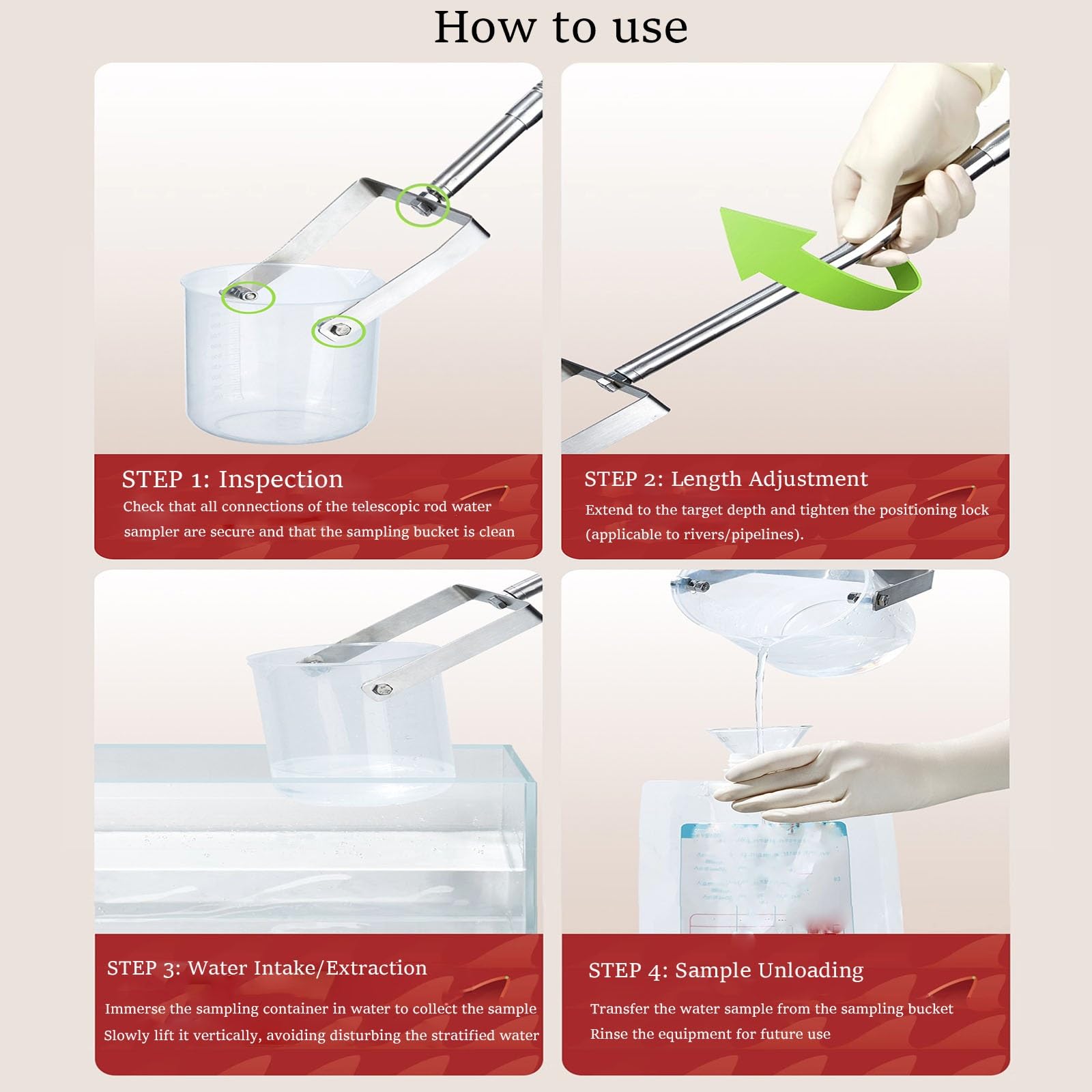 Generisch Muestreador de agua de acero inoxidable con barra telescópica y vaso medidor para análisis de agua en lagos y laboratorios
