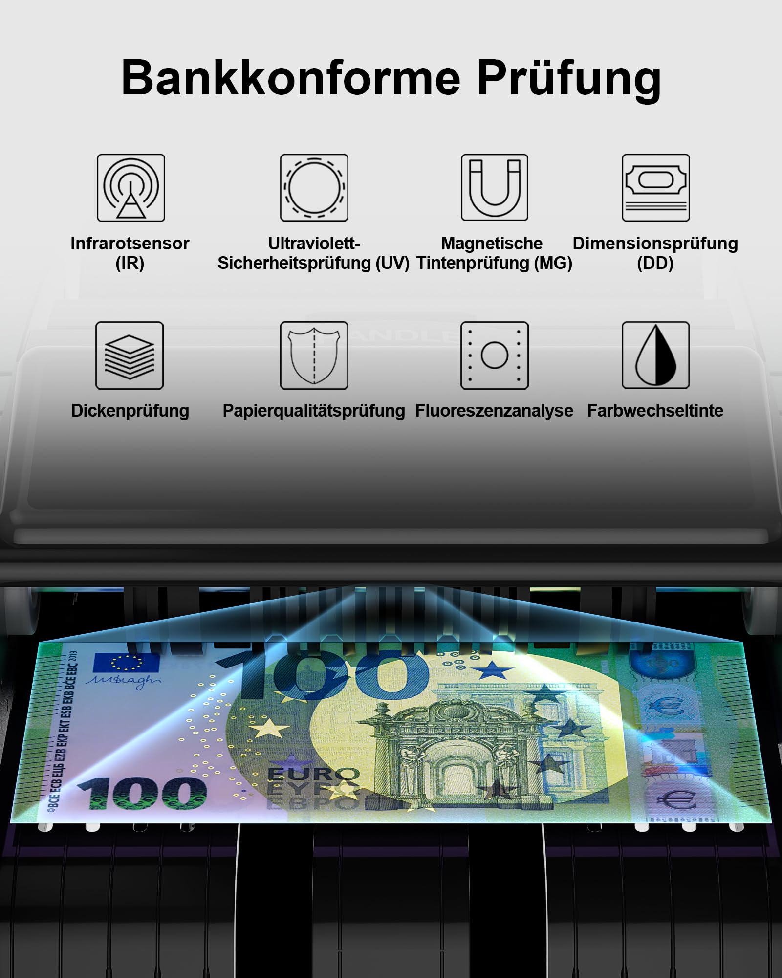 AL1000 Geldzählmaschine, UV/IR/DD/MG Falschgelderkennung, Wertzählung & Batch & Additions Funktionen, LCD-Display, 1200 Banknoten/Min., Unterstützt Mehrere Währungen, Schwar