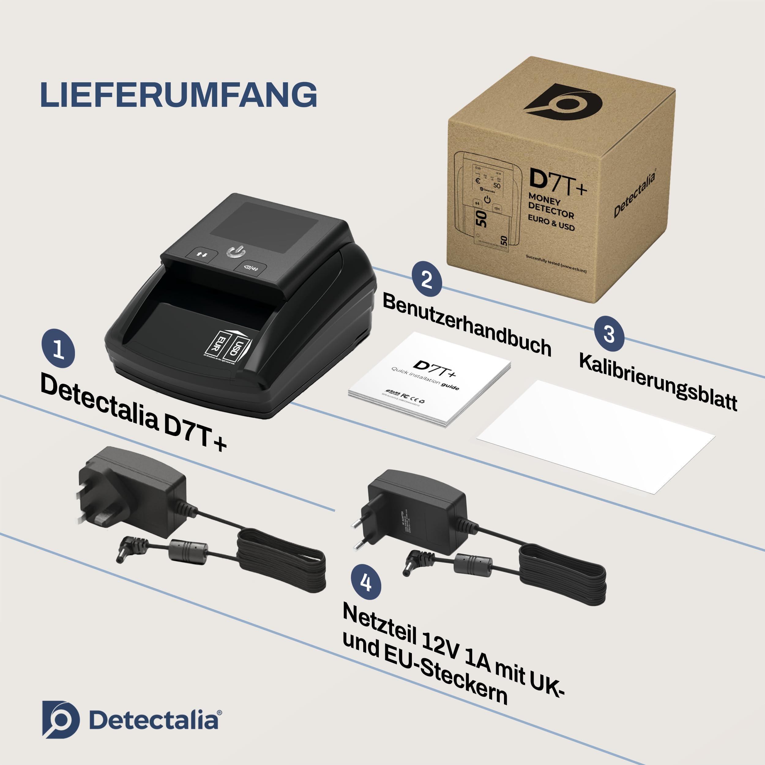 Detectalia D7T+, Falschgeldprüfer, getestet für EUR, GBP, USD, mit 5 Fälschungsprüfungen, mit Alarm, TFT-Display, EZB-Zertifiziert