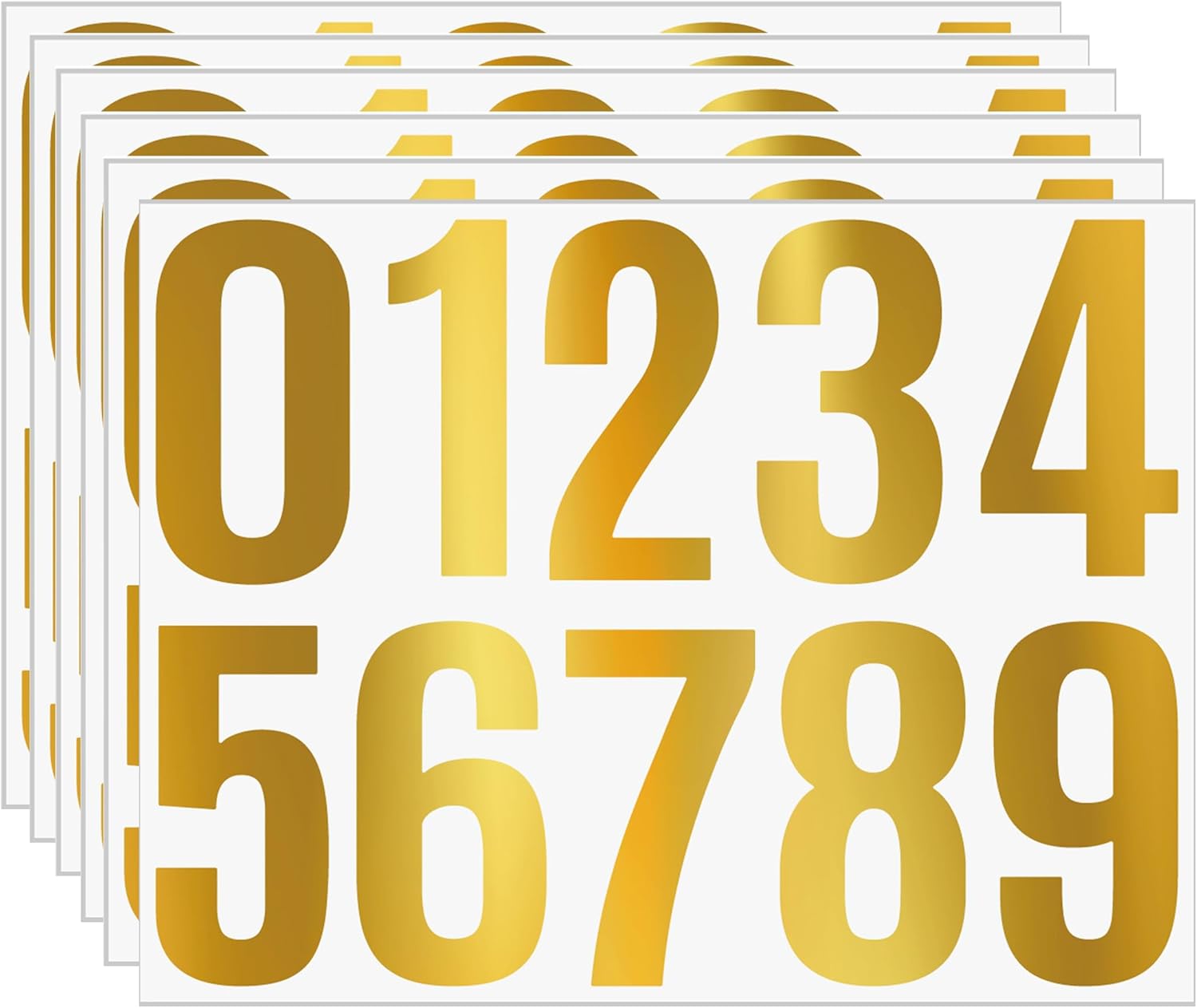 Gold Vinyl Number Stickers 0-9, 4 Inch Large Peel and Stick Decals, 6 Sheets Waterproof Outdoor Stickers for Outdoor Labeling, House Sign, Mailbox, Trash Bin, Fence, Easy to Apply（Gold）
