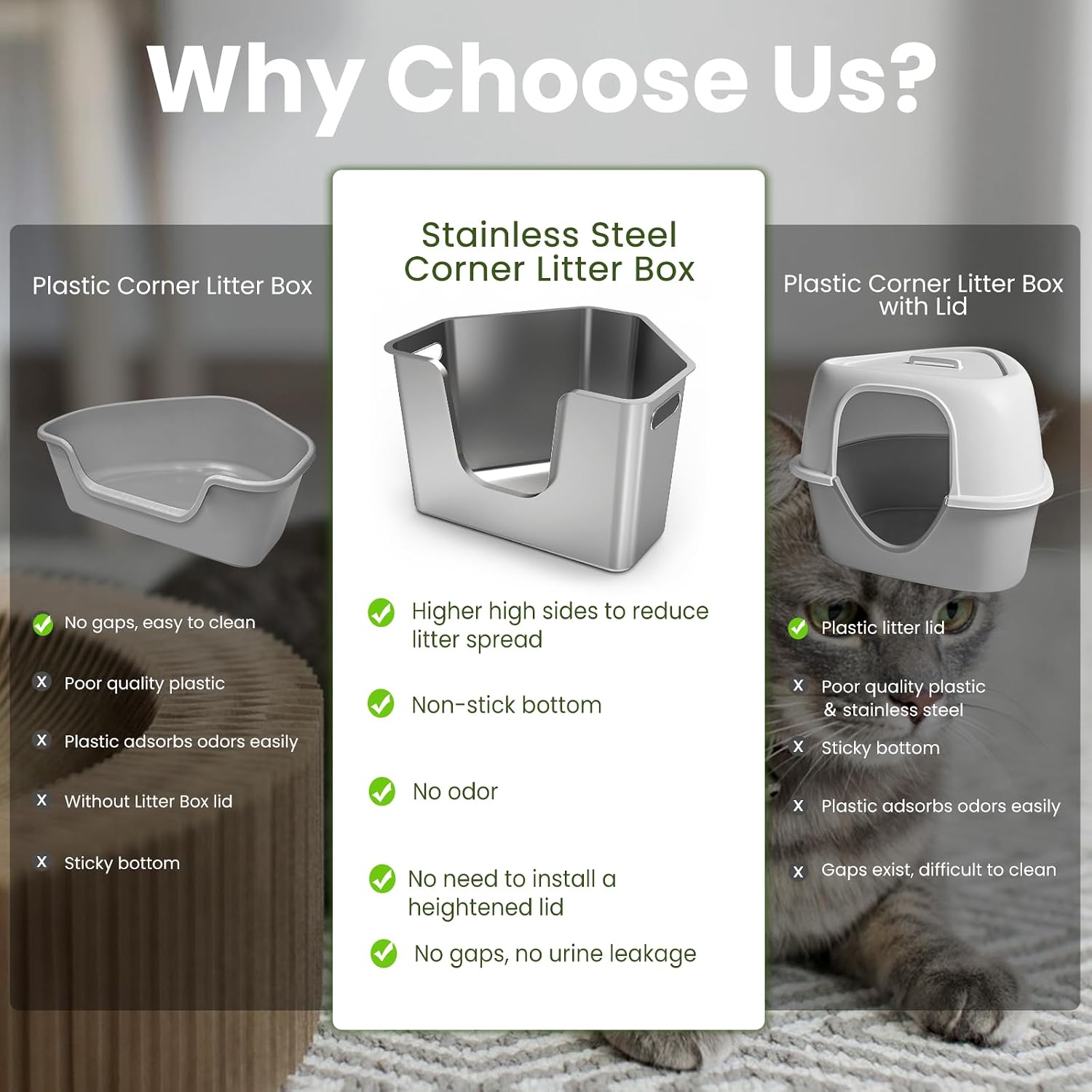 Stainless Steel Corner Cat Litter Box, Metal Litter Box with High Sided, One-piece Corner Cat Toilet, No Assembly Required, Non-Stick, No Odor Kitten Litter Pan, Easy to Clean, for Small Medium Cats