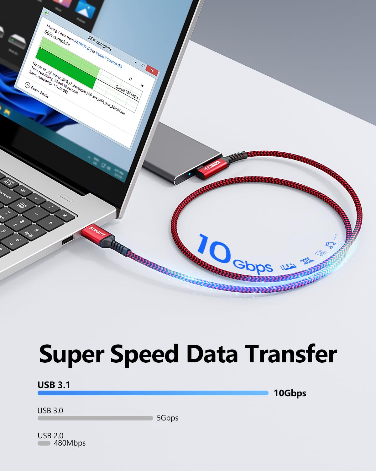 SUNGUY Cavo dati USB C, 1.5 m 10 Gbps USB 3.1 Gen 2 USB C cavo dati e cavo di ricarica, compatibile con Android Auto, Galaxy S22, SSD, Xperia Pro, rosso Xiaomi