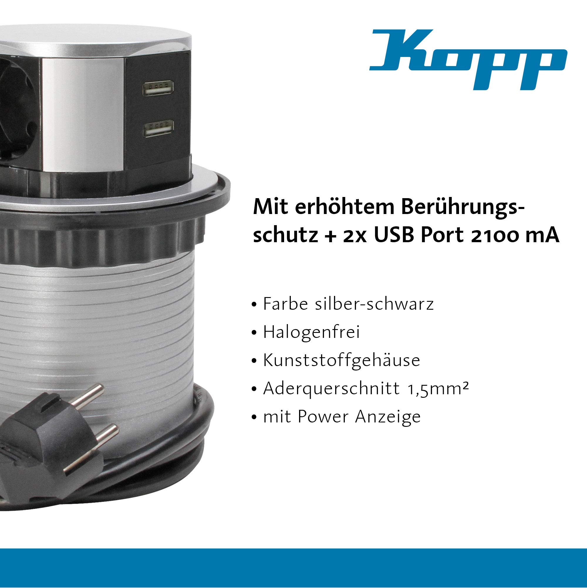 Kopp 6-Fach Steckdosen-Turm mit 3X Steckdose + 2X USB-Port 2100 mA + Berührungsschutz I Steckdosenturm zum Möbeleinbau mit 1,4 m Zuleitung I Für Indoor- / Innen-Bereich I Silber-Schwarz – 229005011