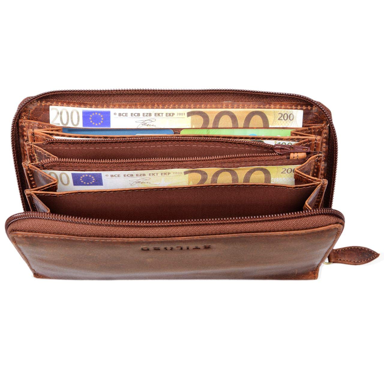 STILORD "Emilia" Damski portfel elegancki klasyczny Skórzany portfel z zabezpieczeniem RFID i NFC - w eleganckim czarnym pudełku upominkowym Kolor:kara - koniak