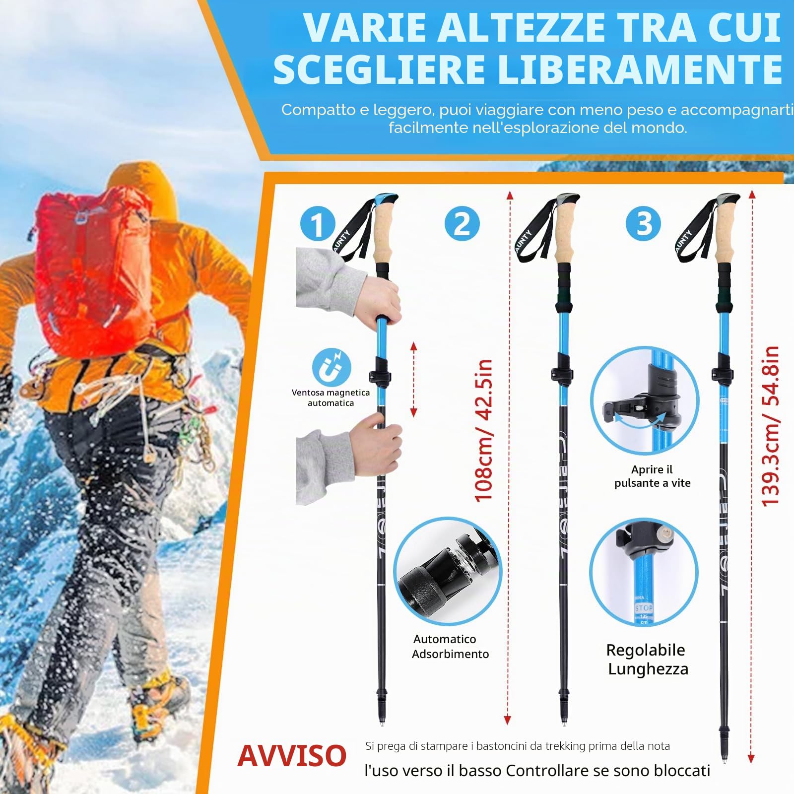 Bastoni Trekking Bastoncini da Trekking, 2 Pezzi Nordic Walking Bastoncini Pieghevole Regolabile 108-135cm, Bastoncini Trekking Carbonio Alluminio 7075 con 5 Paia di Puntali in Gomma