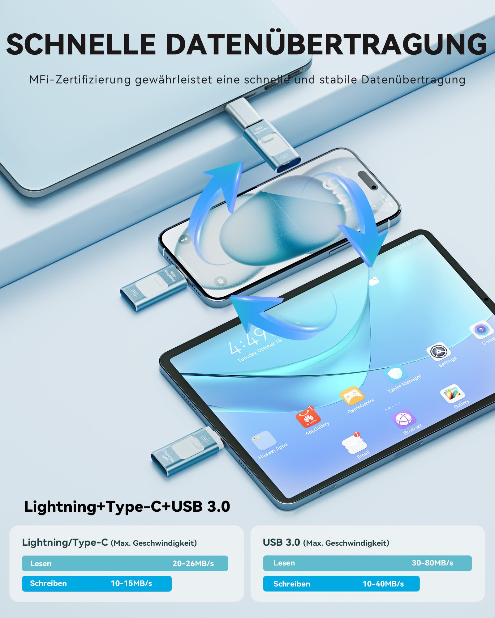 ROSPE USB Stick 128 GB für iPhone, MFi-zertifizierter Lightning Speicherstick, 3-in-1 Flash-Laufwerk für iOS/Android/PC, USB 3.0 High-Speed Memory Stick iPhone Externe Speichererweiterung, Aschblau