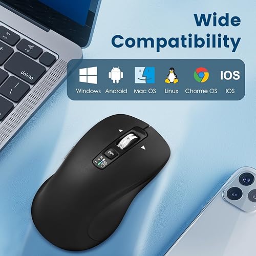 Vista 4 de Mouse inalámbrico Bluetooth (USB + BT1 + BT2), tamaño completo, desplazamiento de 4 vías, mouse silencioso multidispositivo para computadora, Negro