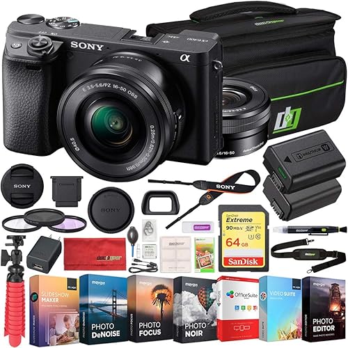 Sony a6400 Mirrorless Camera Bundle with 16-50mm Lens, 64GB Memory Card, Photo & Video Editing Suite, Camera Bag, 40.5mm Filter Kit, Battery