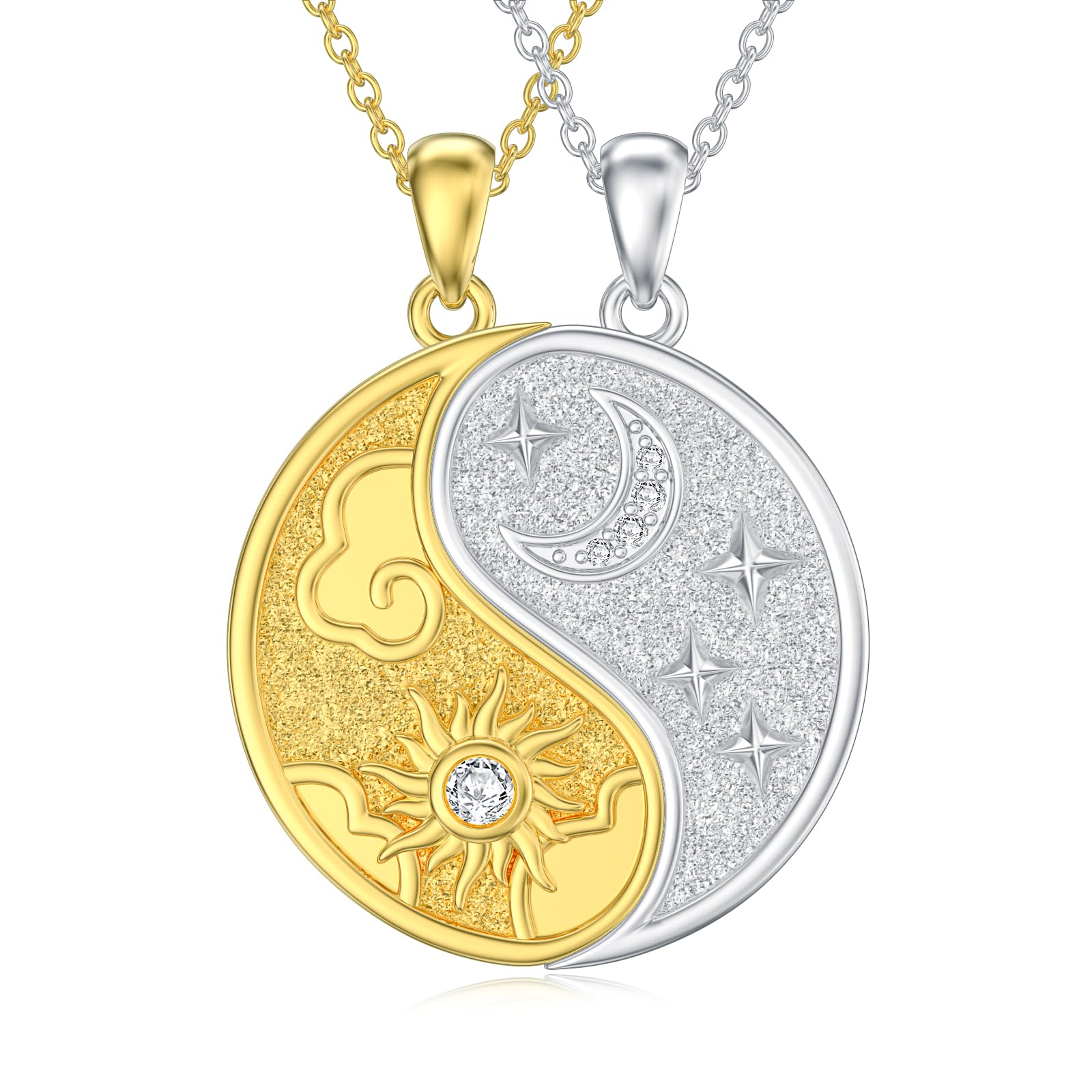 Diamond Sun and Moon Yin Yang Necklace for Couple Best Friend 925 Sterling Silver Yin Yang Matching Necklace with Lab Grown Diamond Jewelry Gifts Couple Friendship BFF Necklace for 2