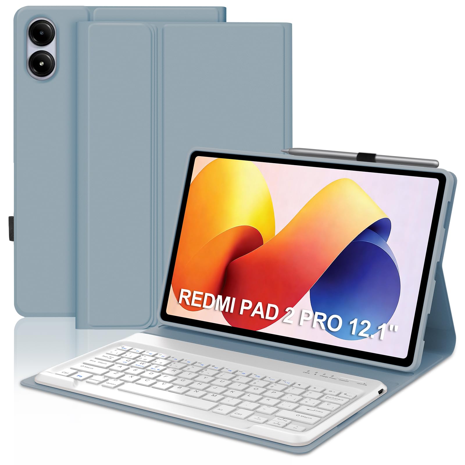 IVEOPPE Funda Teclado para XIAOMI Redmi Pad 2 Pro 2025/Redmi Pad Pro 2024 12.1", Capa Keyboard Español Ñ Desmontable Bluetooth con Portalápices, Azul Brumoso