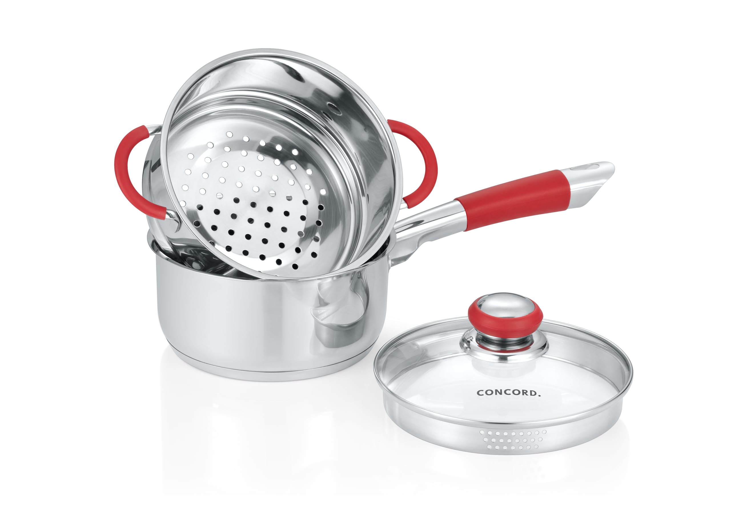 Concord Stainless Steel SIMPLE POUR Saucepan with Steamer Tier. Vented Glass Lid. Features Dual Pouring Spouts and Volume Marking on pot. Perfect for making Sauces, Jam, Ramen, and more (2 Quart)