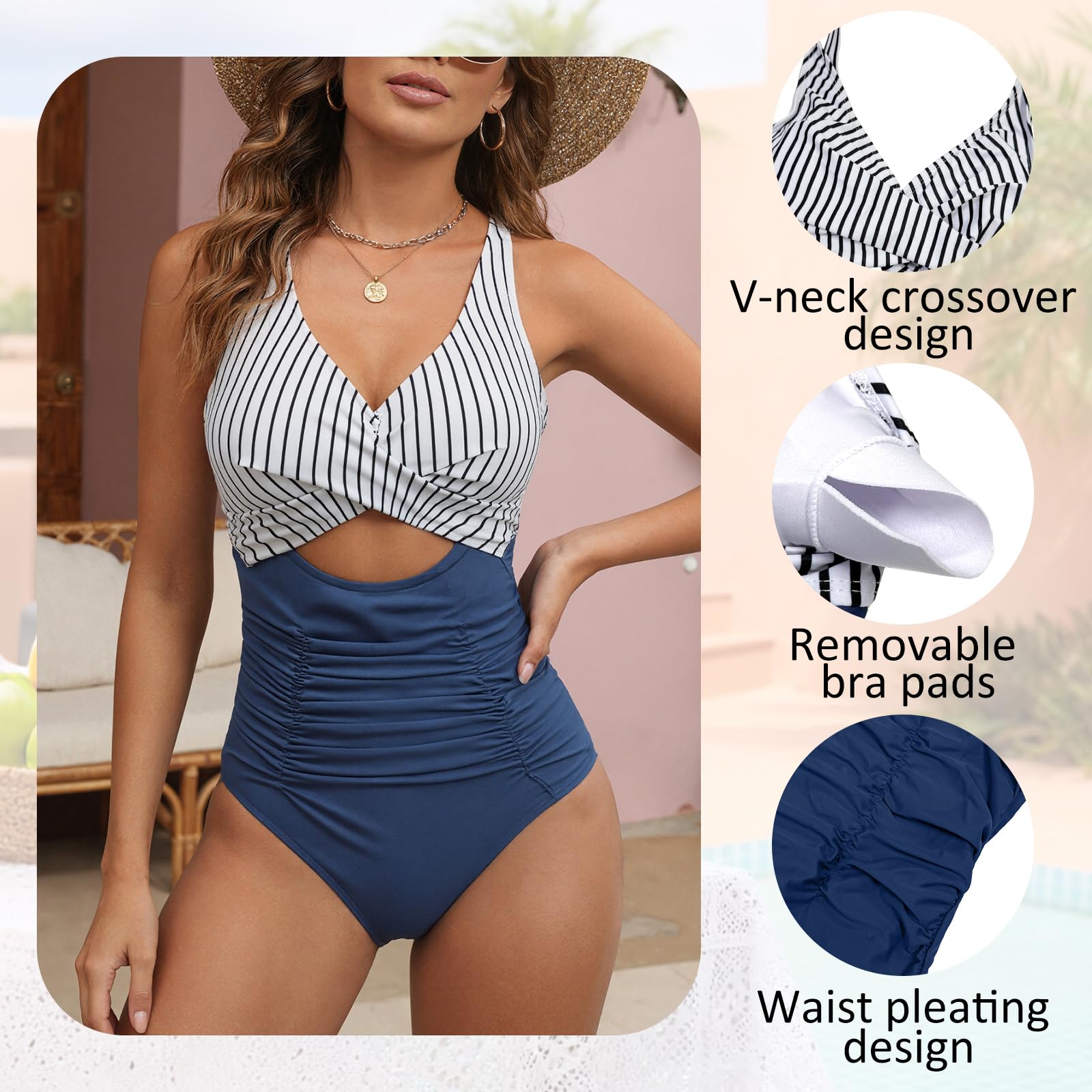 TcIFE Maillot de Bain 1 Pièce Bikini Femme | Monokini Col en V, Wrap Dos Nu Croisé, Froncé Devant, Haut Taille, Gainant Ventre Plat