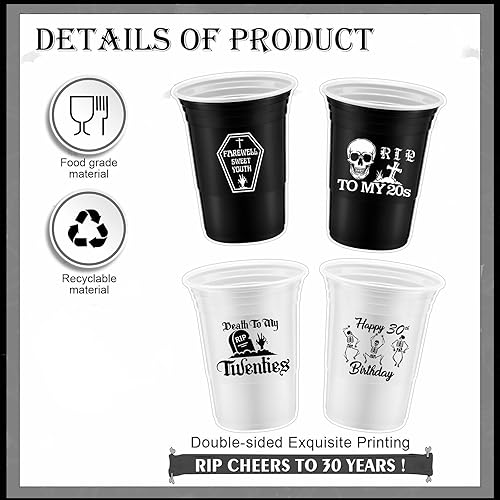Miniatura 2 de Rtteri Paquete de 48 vasos desechables de plástico grueso para fiesta de 16 onzas, RIP to My 20s, decoraciones de cumpleaños de 30 años, tazas de