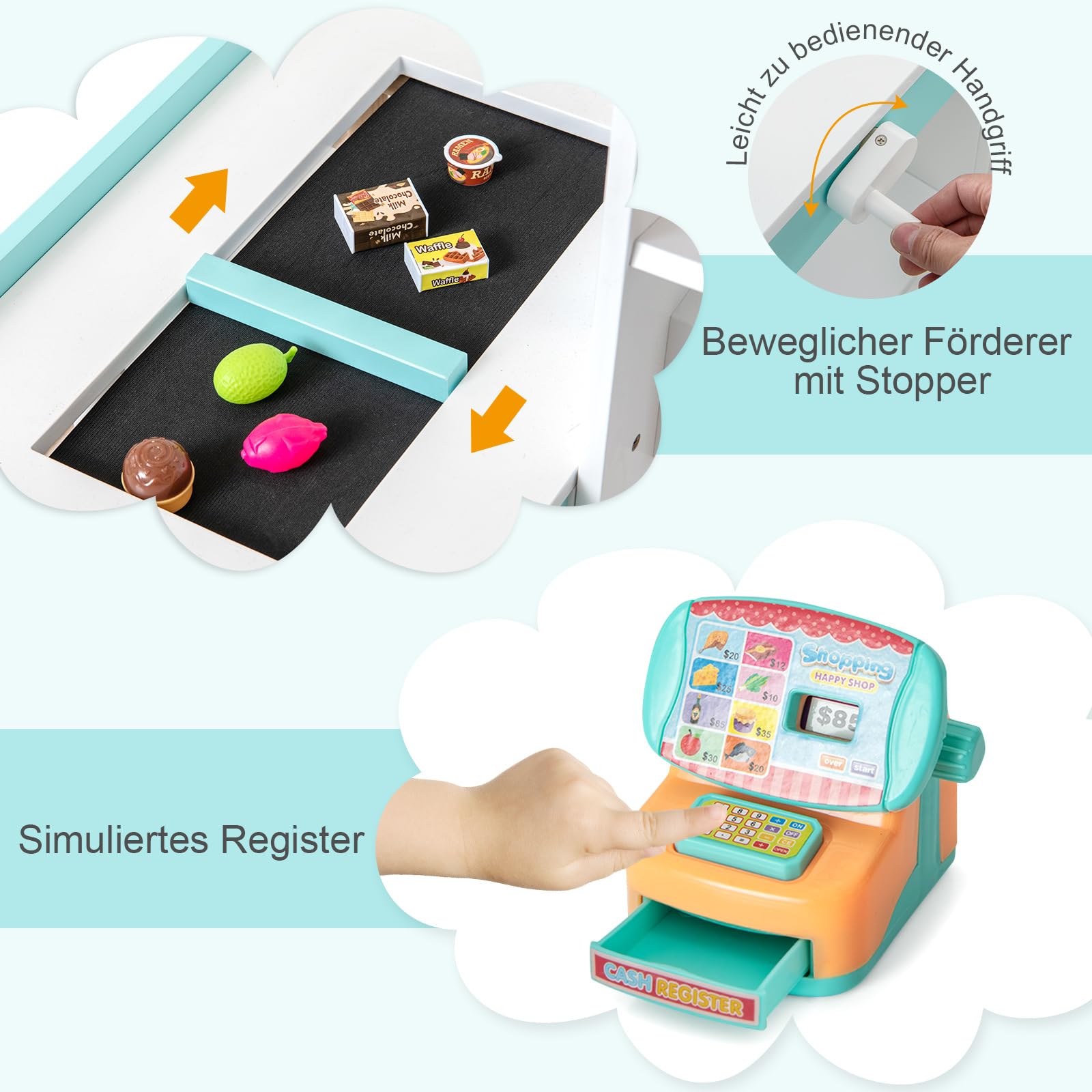 COSTWAY Kaufladen Kinder mit Einkaufswagen, Einkaufsladen Holz mit Kasse & 39 Zubehör & Tafel & LED-Lichter & Fernbedienung, Supermarkt Spielzeug für Kinder ab 3 Jahren
