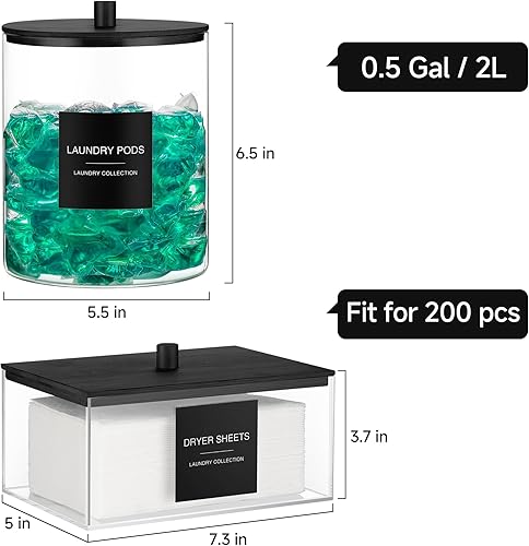 Miniatura 2 de Paquete de 3 tarros de vidrio y soporte acrílico para secadora, contenedor de cápsulas de lavandería con tapa de bambú y tazas medidoras para