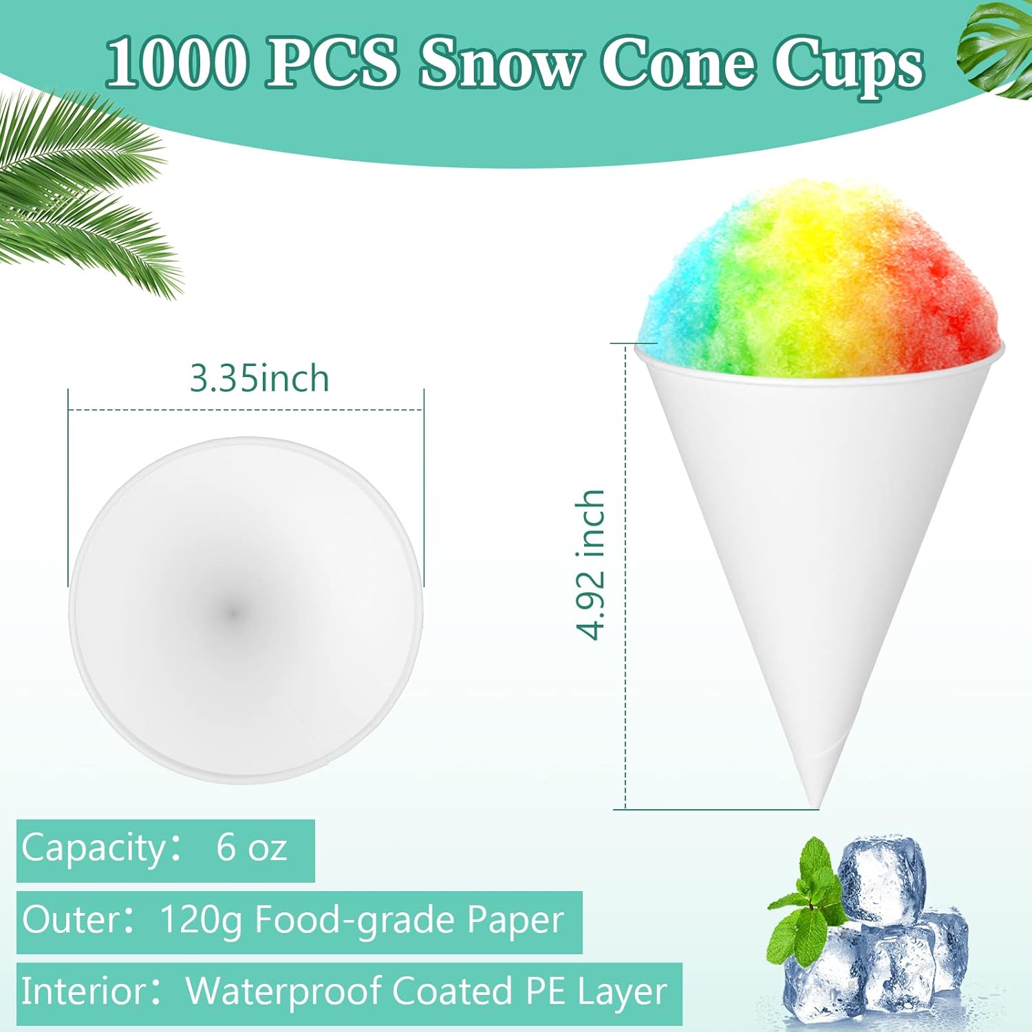 Sumind 1000 Pieces Paper Cone Cups 6 oz Disposable Snow Cone Cup Pre Coated Leakproof Ice Cream Water Paper Cups for Dispenser Office Home Wedding Birthday Party