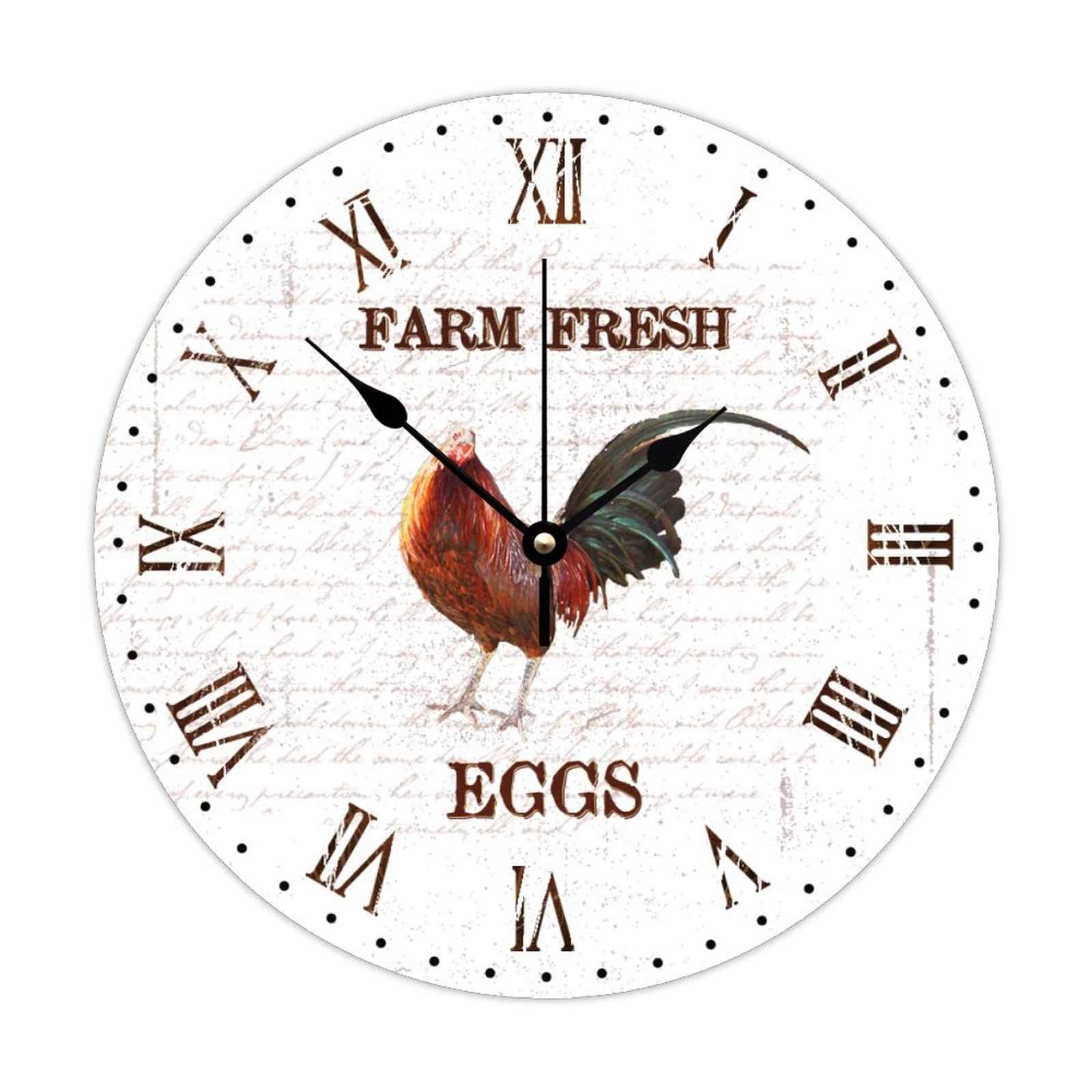 Horloge ronde en bois vintage 38cm, pendule murale de cuisine œufs frais de la ferme