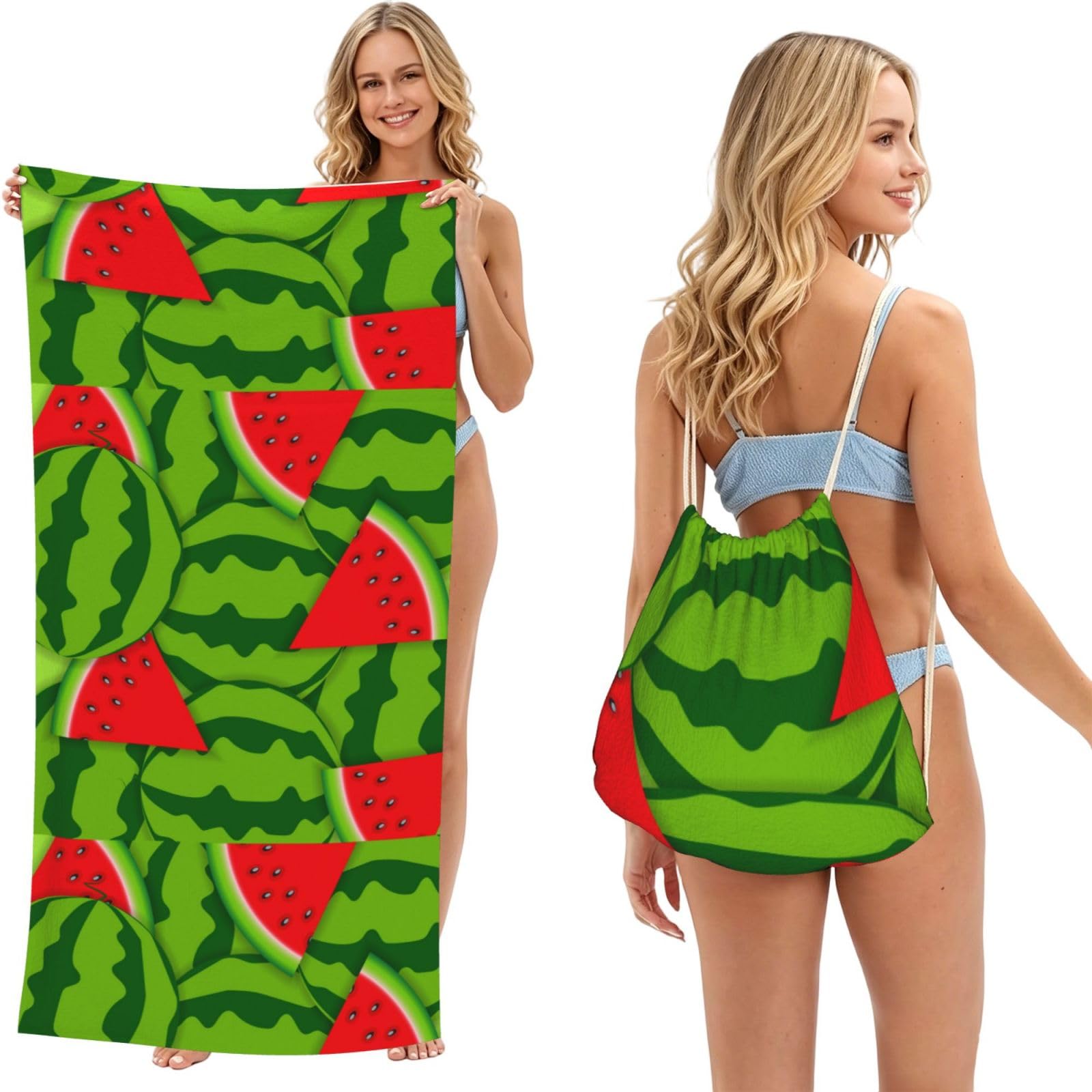 Poadnly As Picture Watermelon, 2 In 1 Packable Towel Bag, Beach Towels With Drawstring Backpack For Travel Holiday Camping