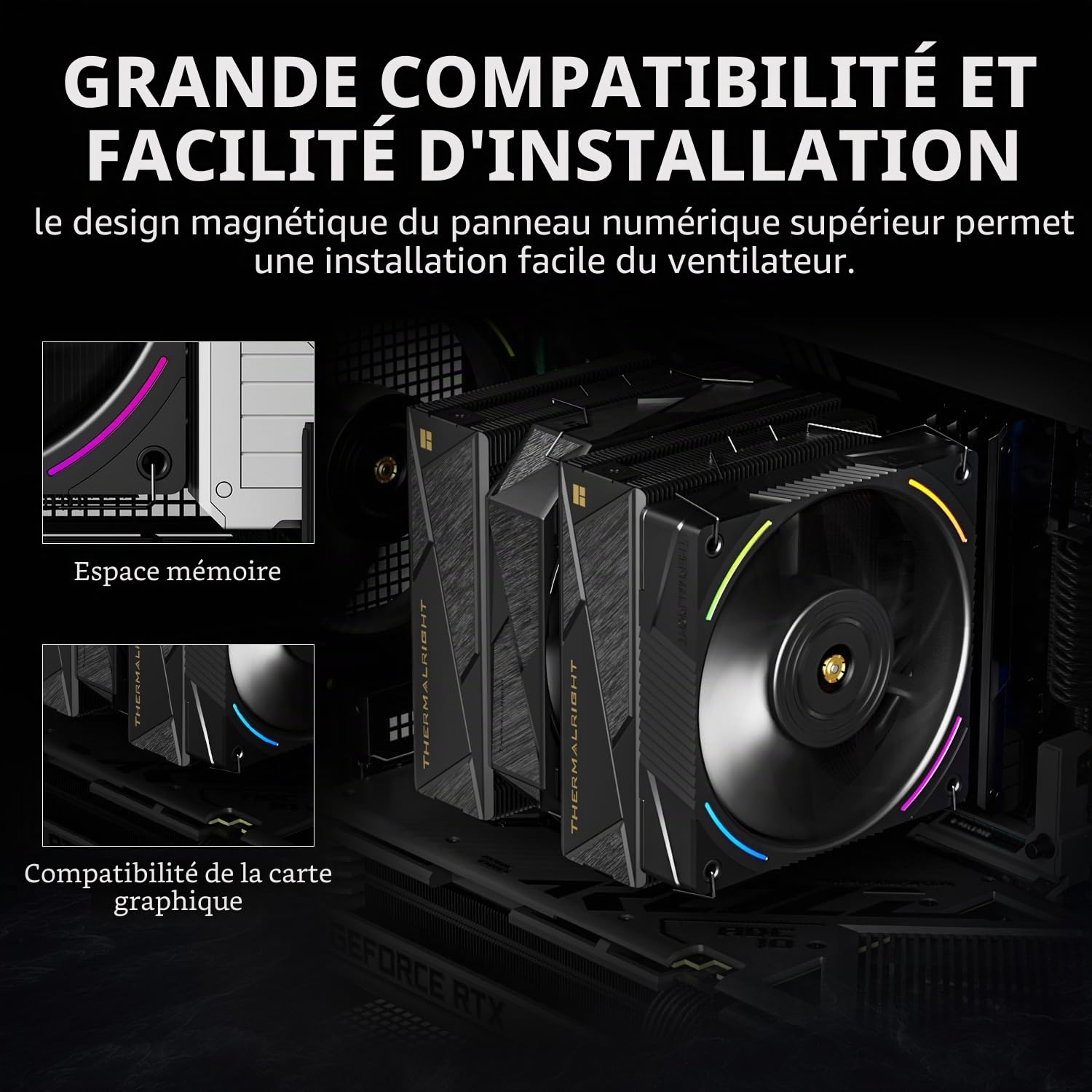 TR-Royal Pretor 130 Ultra Black Refroidisseur CPU, 7 caloducs Refroidisseur CPU-Kühlung, couvercle supérieur noir brossé, pour Intel LGA115X/2011/1700/1851, plateformes AM4/AM5, Double tours et