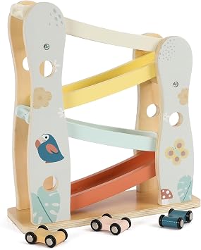 Freniland Wooden Car Ramp Toy with 4 Mini Cars, Montessori Toddler Toys for 1 Year Old Boys Girls, Wooden Race Track Set, Car Toys for Toddlers 1-3, First Birthday, Age 18+ Months