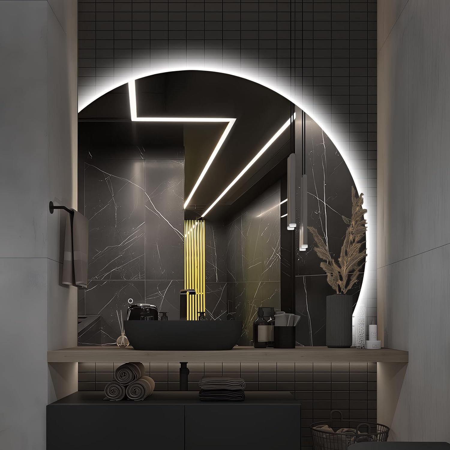 Niccy 48" LED Bathroom Mirror with Lights, Half Moon Led Mirrors, Irregular Backlit Mirrors for Entryway, Anti-Fog, Dimmable, Makeup Mirror, Explosion Proof, Round Lighted Vanity Mirrors, White Light