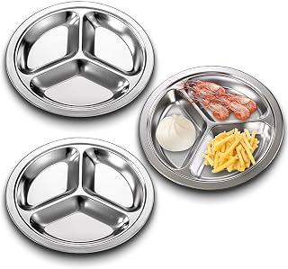 SUNOYA 3 Stück Edelstahl-Teller, 24 cm Edelstahl Geteilt Abendessen Teller, Geteilter Speiseteller, mit 3 Fach, für Kinder, Erwachsene, Camping, Diät Portion Control