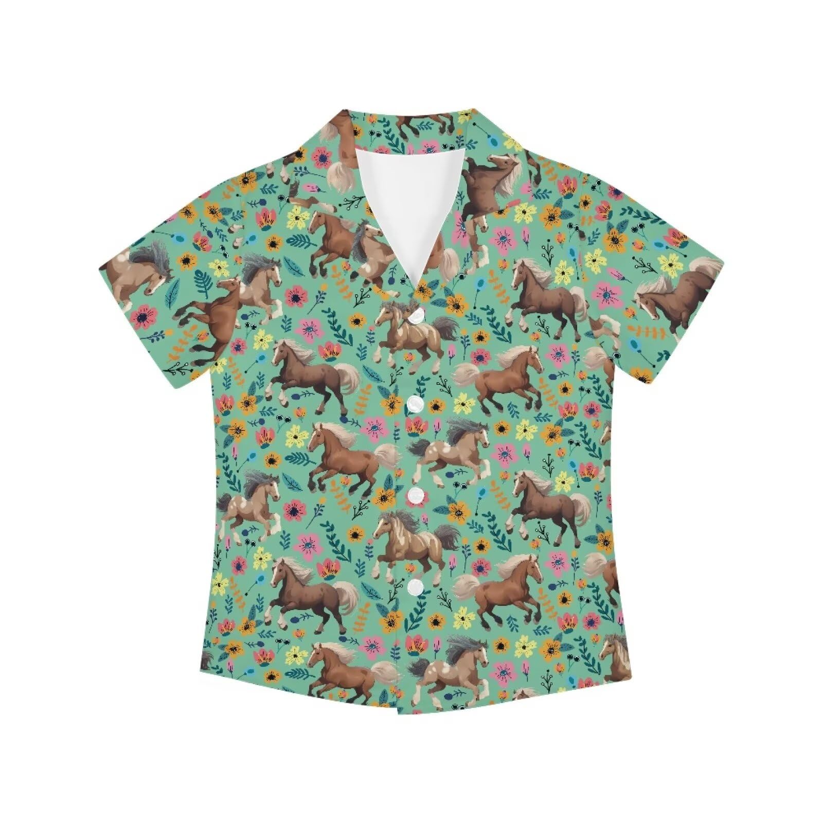 Allinterest Boys Short Sleeve Button Down Shirt Horse Flowers Print Hawaiian Shirts Regular Fit Casual Summer Beach Shirts Size 11-12